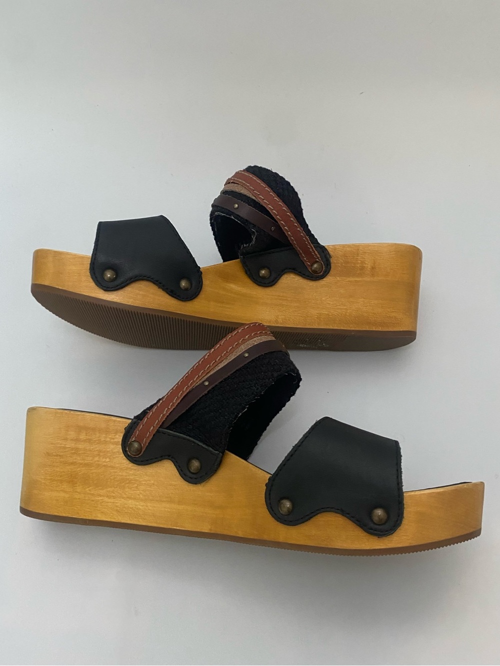 Olukai Kamola Wooden Platform Clog Sandals Black Brown Leather